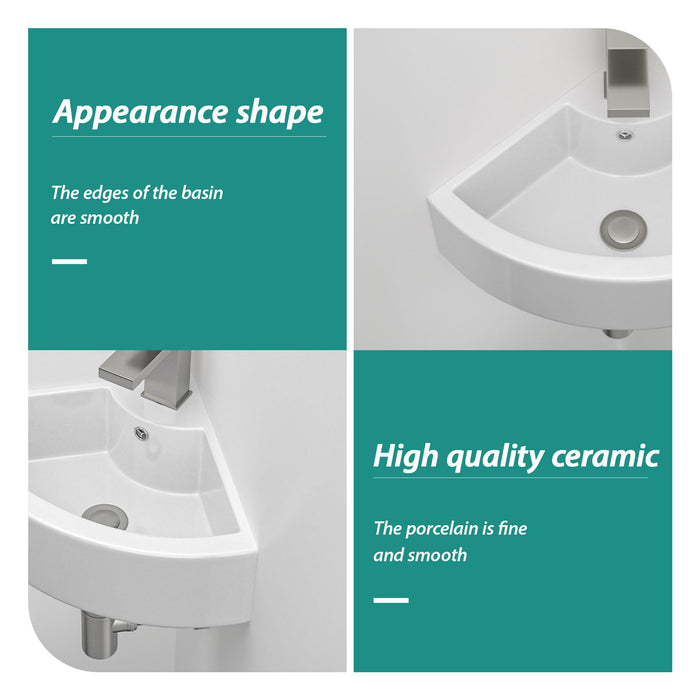 Triangle Porcelain Wall Mount Vessel Sink With Single Faucet Hole & Overflow - White