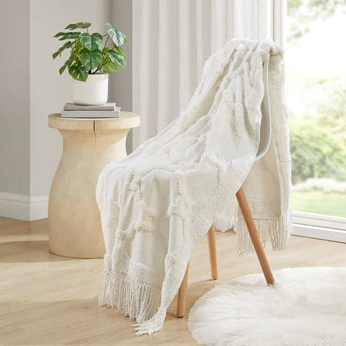 Fringed Tufted Throw Blanket | Moroccan Geometric | White