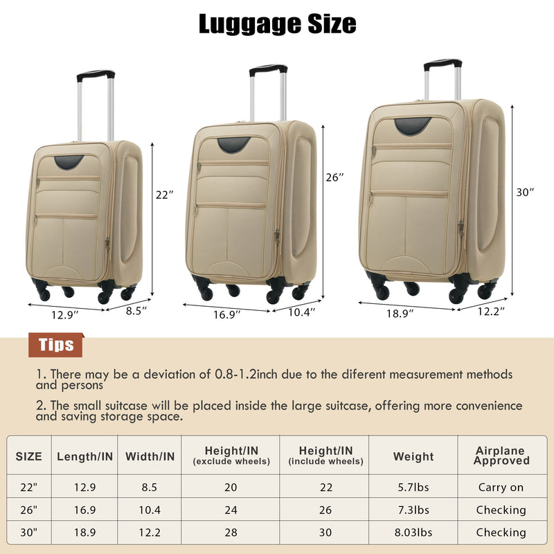 Softside Luggage Expandable 3 Piece Set Upright Spinner Lightweight Suitcase