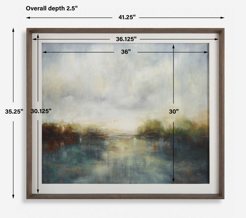 Blue Reverie - Framed Abstract Lake Print - Light Brown