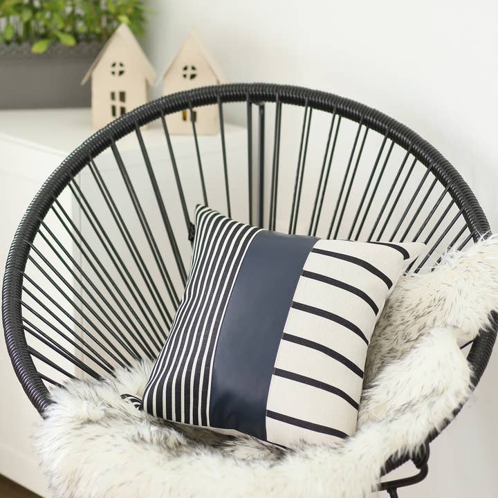 Faux Leather Throw Pillow | Navy Blue Striped | 17x17