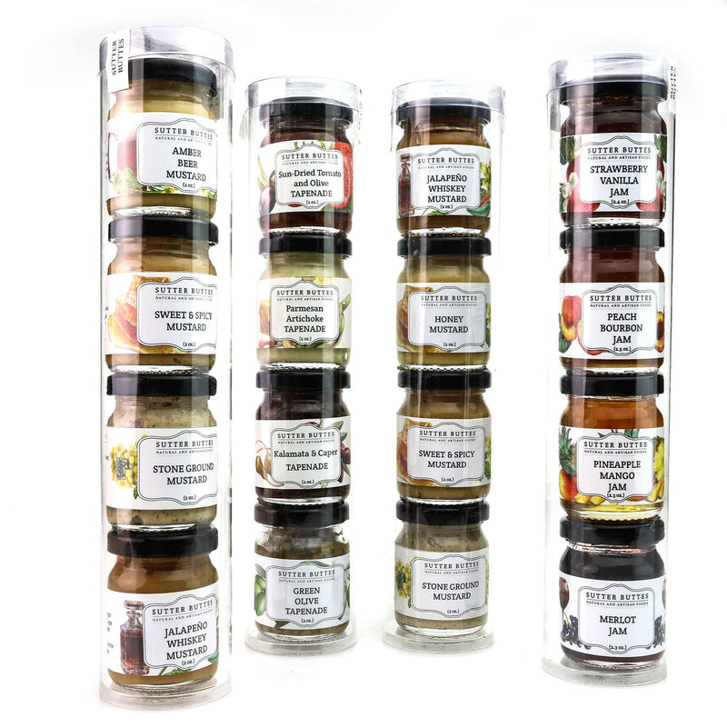 Gourmet Gift Tubes – 4 Mini Jars: Jam, Mustard, or Tapenade