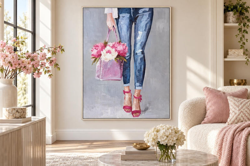 Denim And Peonies I - 36 X 48 - Hand-Embellished Canvas In Frame - Blue