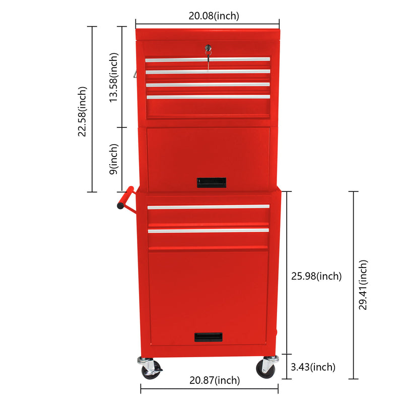 6 Drawer Lockable Tool Cabinet On Wheels, Steel Rolling Tool Chest With Detachable Toolbox