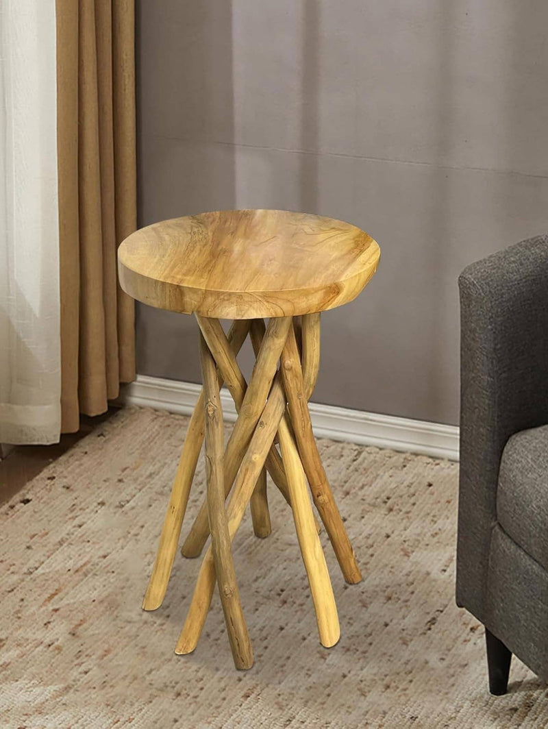 Solid Teak Wood End Table With Branched Legs Home Decor