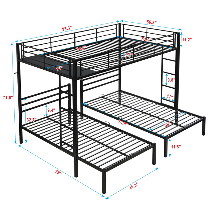 Modern Metal Triple Bunk Bed With Vertical Ladder, Safety Rail, And Storage Shelf - Black