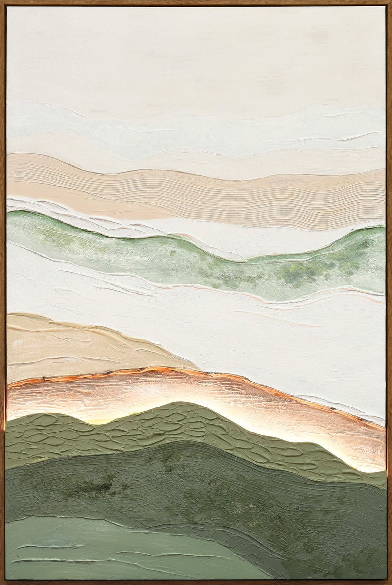 Sage Ridge Glow I - 32 X 47 - Hand-Painted Neon Canvas In Frame - Green, Cream