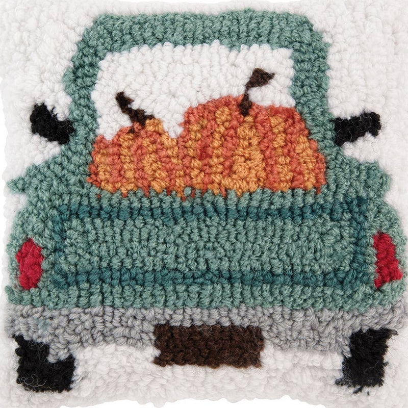 Fall Blue Truck Hooked Pillow