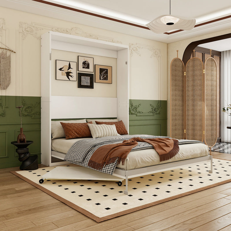 Queen Size Wall Mounted Murphy Bed With Manual Height Adjustable Desk, Cabinet & Frame & Computer Desk - White