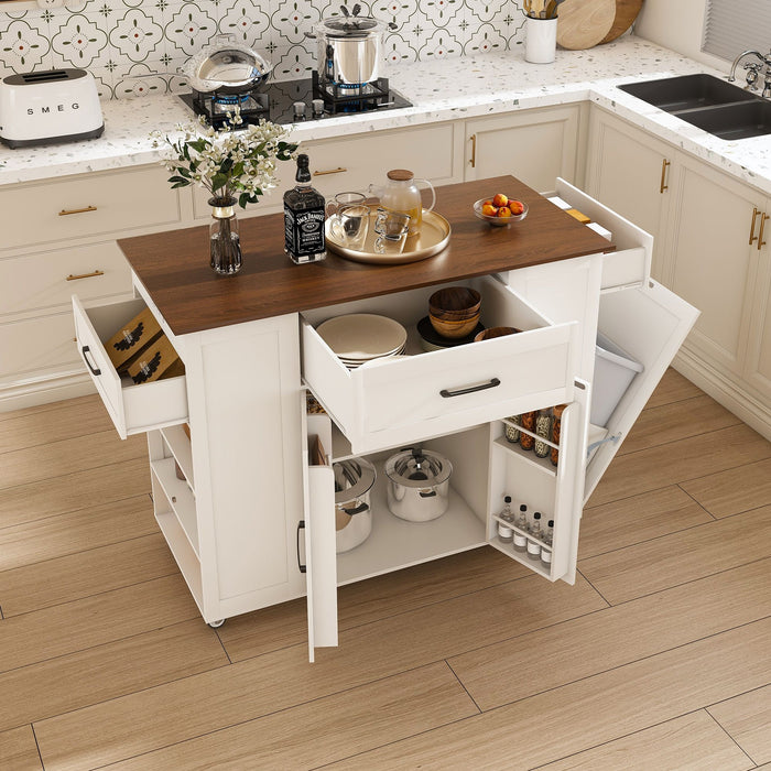Rustic Movable Kitchen Island On Wheels With Storage & Power Outlet - White