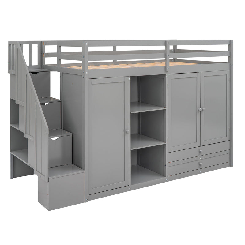 Loft Bed With 3 Shelves, 2 Wardrobes, 2 Drawers, Ladder Storage