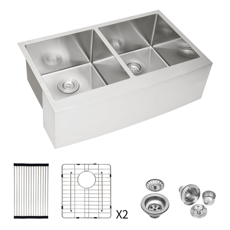 Double Bowl Farmhouse Sink, Stainless Steel Apron Front Kitchen Sink 16 Gauge - Brushed Nickel