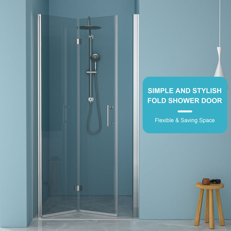 Bi Fold Frameless Shower Door With Tempered Glass,1 / 4" Thickness - Chrome