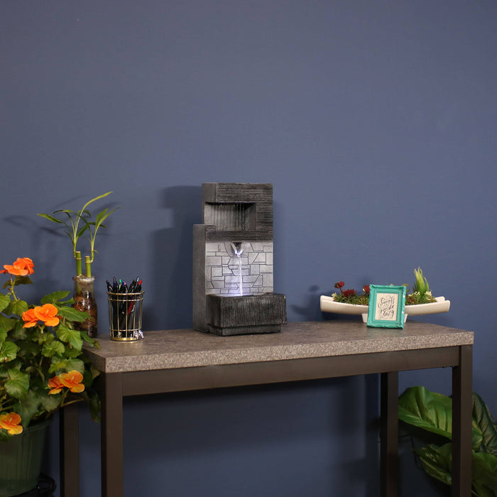 13" Modern Tiered Brick Polyresin Indoor Fountain with LED