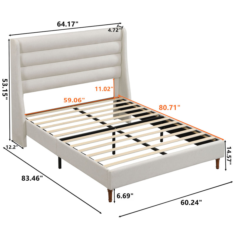 Modern Upholstered Platform Bed With Wave Shaped Headboard