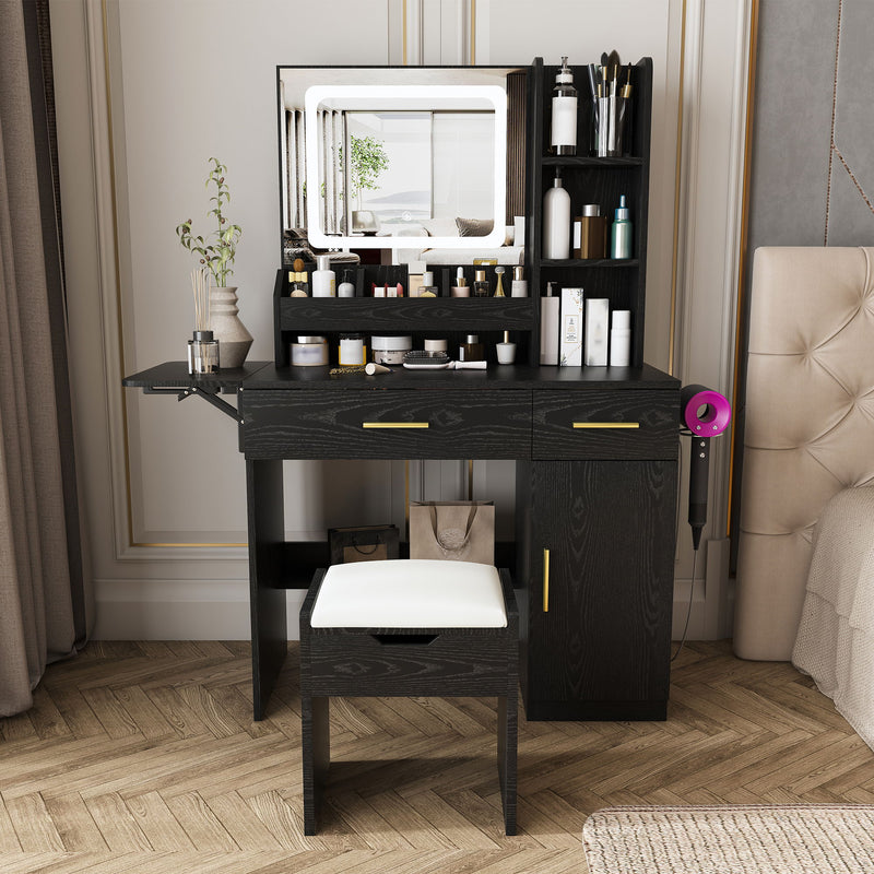 Vanity Desk With LED Mirror Lights And Charging Outlet