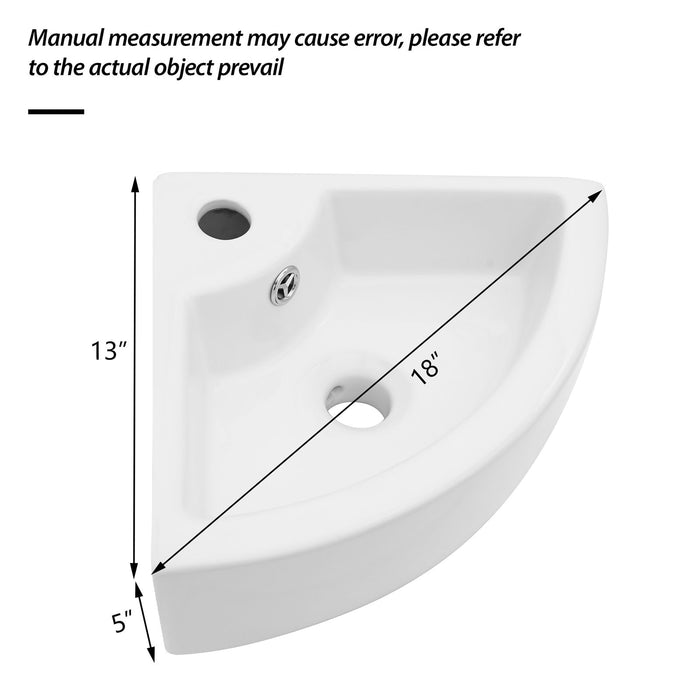 Triangle Porcelain Wall Mount Vessel Sink With Single Faucet Hole & Overflow - White