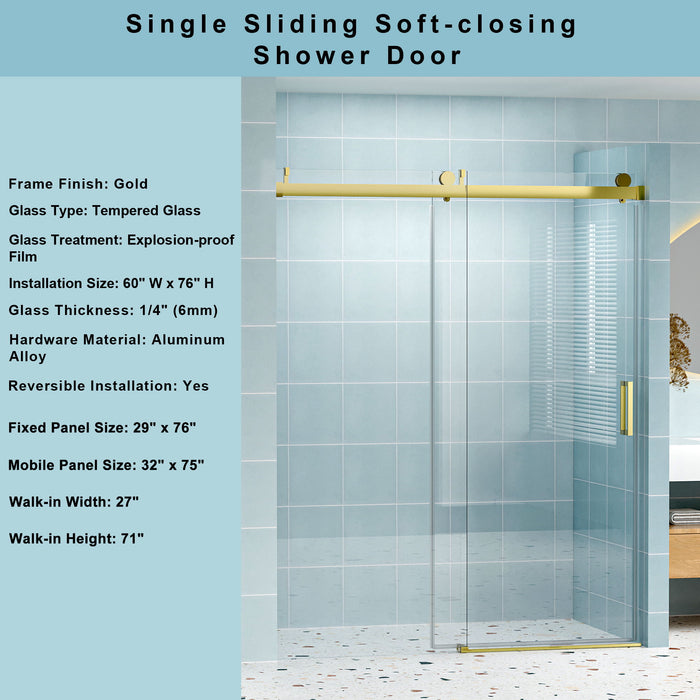 Frameless Soft-Closing Shower Door, 1/4" (6 Mm) Tempered Glass Single Sliding With Explosion Proof Coating