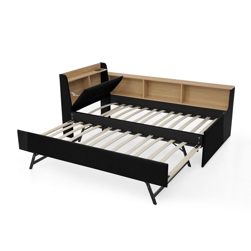 Upholstered Daybed With Storage Headboard, Wireless Charging, LED Lights