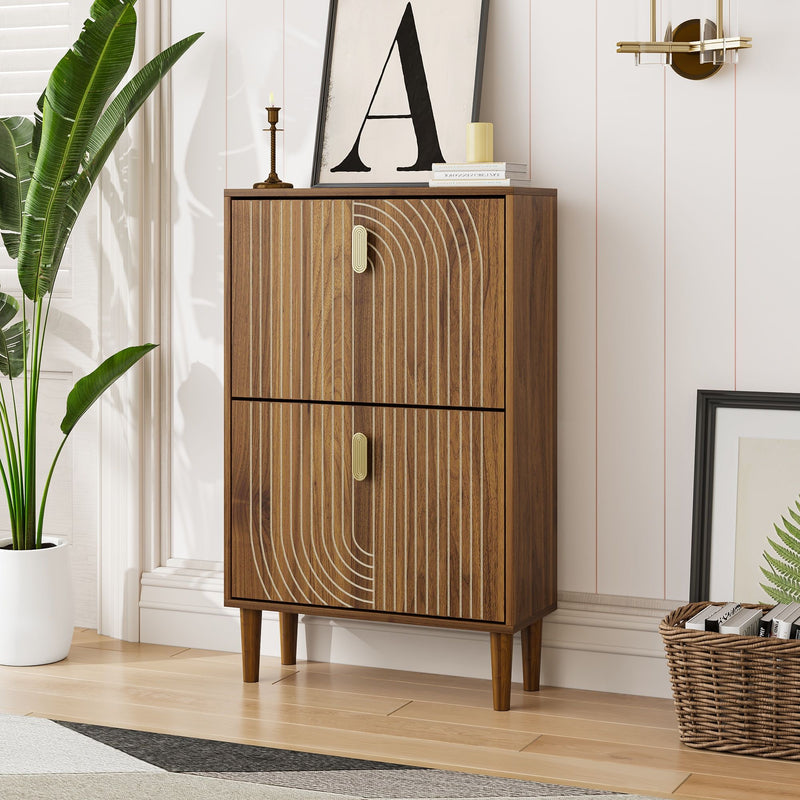 Modern Minimalist Shoe Storage Cabinet With 2 Flip Drawers And Metal Handles - Brown