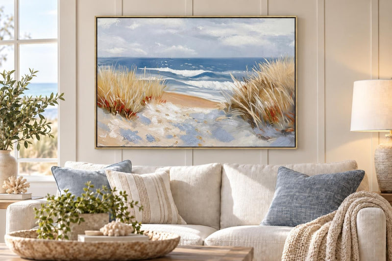 Beyond The Dune Grass - 47 X 32 - Hand-Embellished Canvas In Frame - Blue