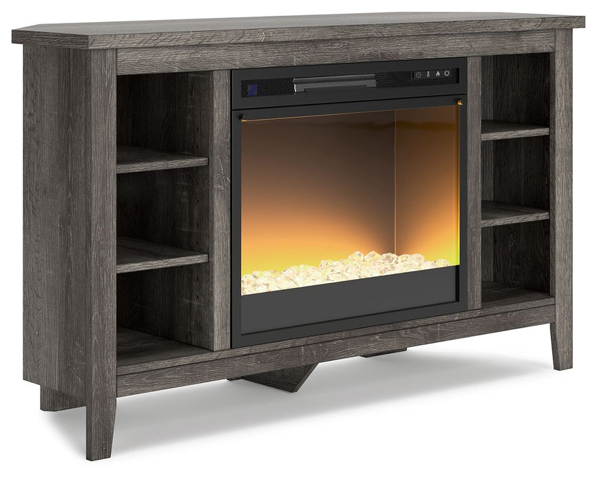 Arlenbry - Gray - Corner TV Stand With Glass/Stone Fireplace Insert