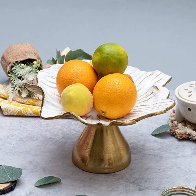 Flower Gold & White Fruit Bowl & Footed Pedestal Cake Stand