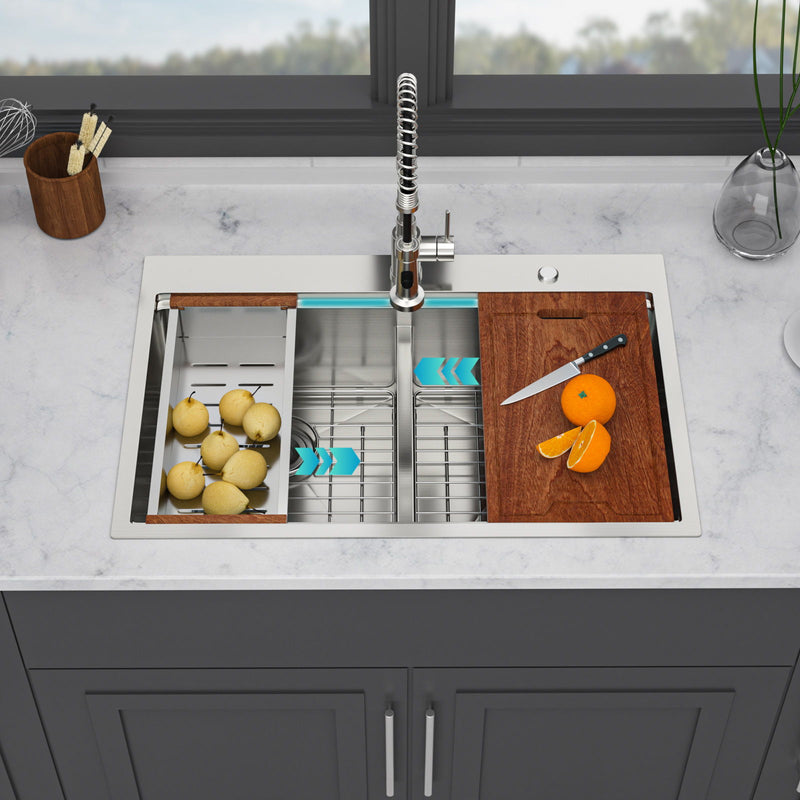 Topmount Drop In Kitchen Sink, Double Bowl Stainless Steel - Brushed Nickel
