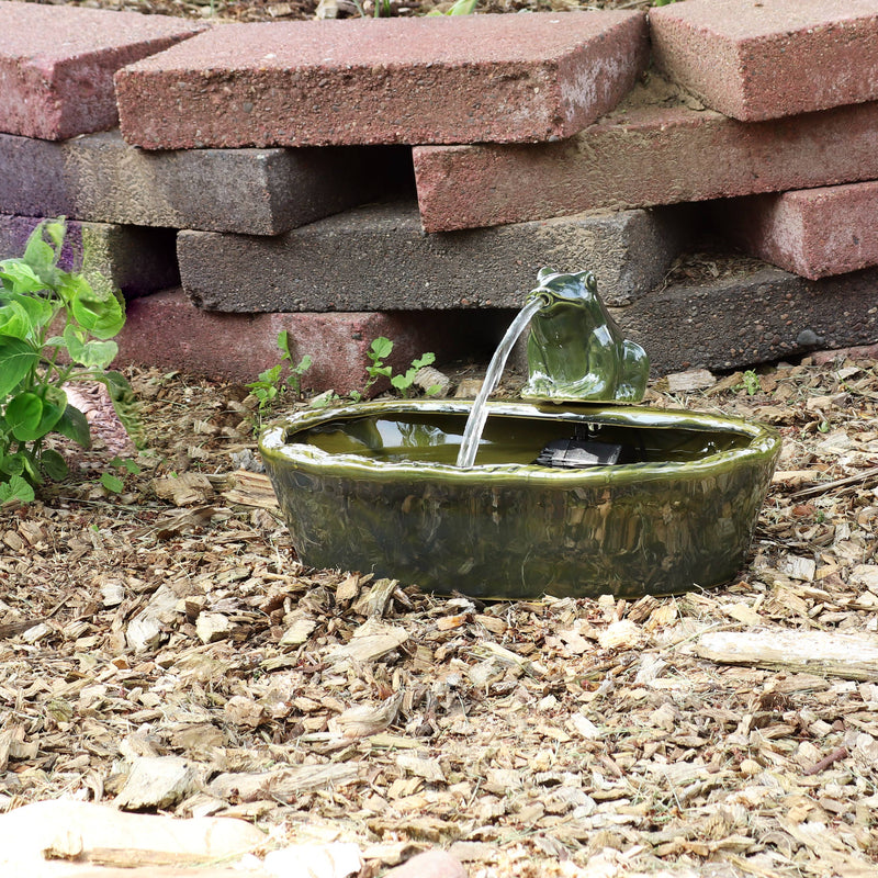 Frog Glazed Ceramic Outdoor Solar Water Fountain - 7 in