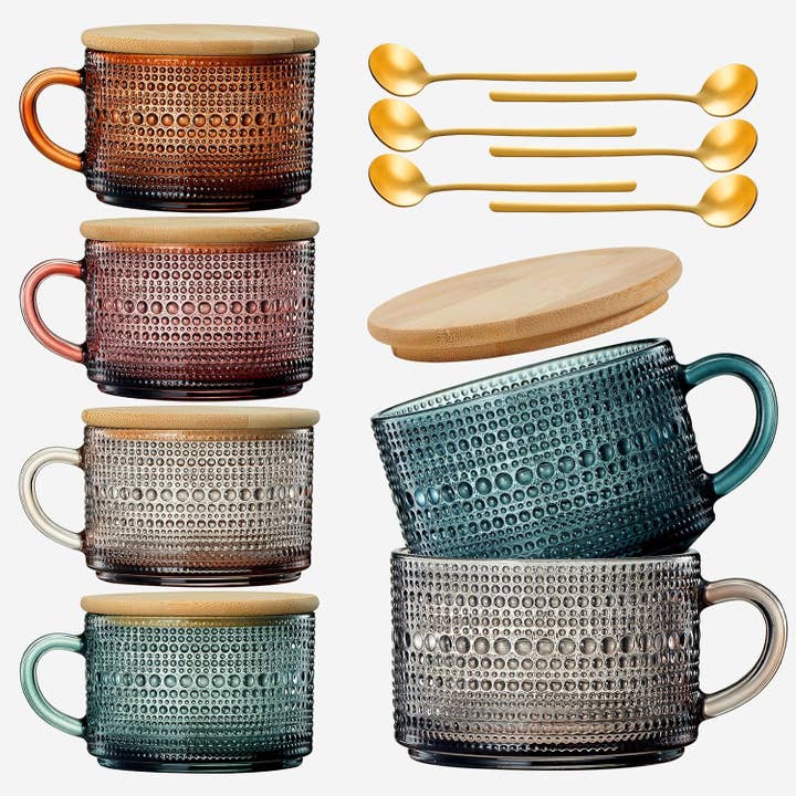 Vintage Colored Glass Coffee Mugs With Handles, Spoons & Lid | 15oz | Set of 6