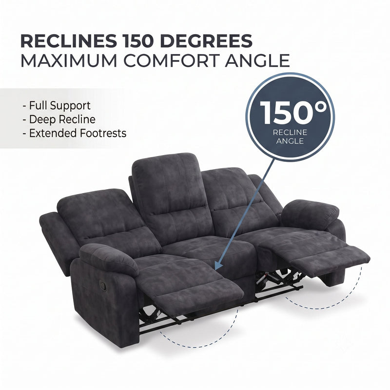 3 Seater Manual Recliner Sofa With 150° Recline, 2 Adjustable Side Seats, Extended Footrest, Oversized Seating For Living Room - Dark Gray