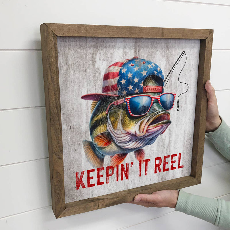 Keepin It Reel Bass Fish - 4th of July Canvas Art - Framed