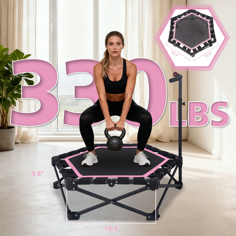 Foldable Mini Trampoline, 1 Step Fold & Open, 3 Level Adjustable T - Bar, Indoor & Outdoor Workout - Black / Pink