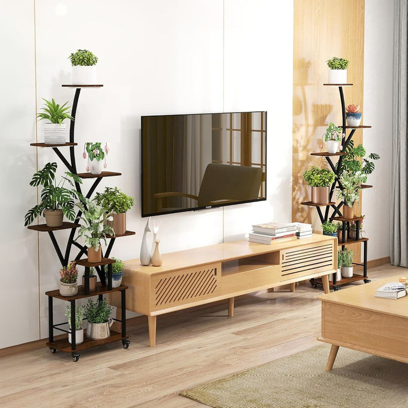 Plant Stand Indoor With Grow Light, 8 Tiered Tall Indoor Plant Shelves For Multiple Plants - Walnut / Black