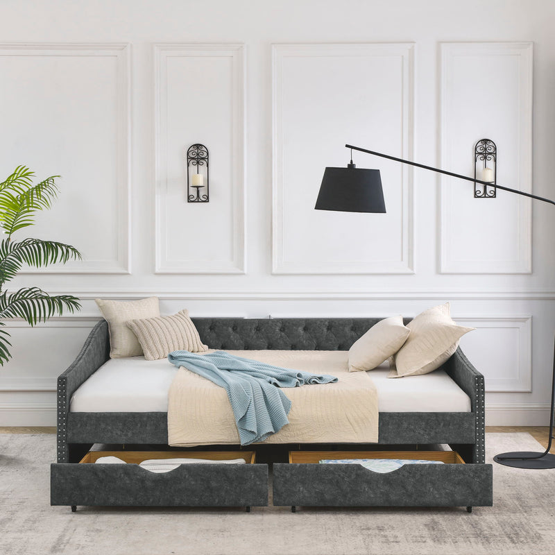 Queen Size Upholstered Daybed With Tufted Back And Nail Trimmed Waved Arms - Gray