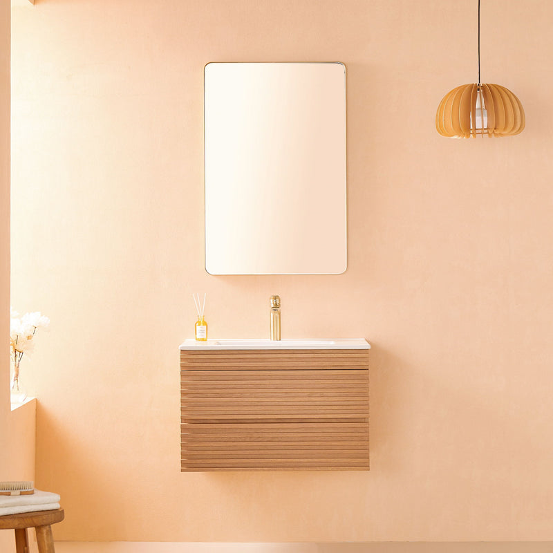 Wall Mounted & Floating Single Vanity With Ceramic Sink - Natural Walnut