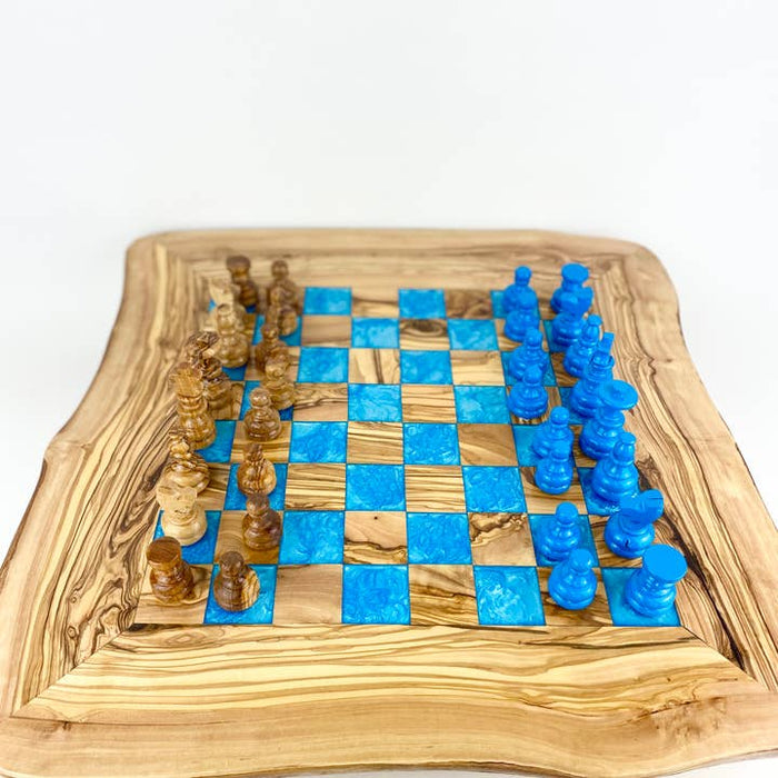 Olive Wood Resin Chess Board | Blue | 12-14"