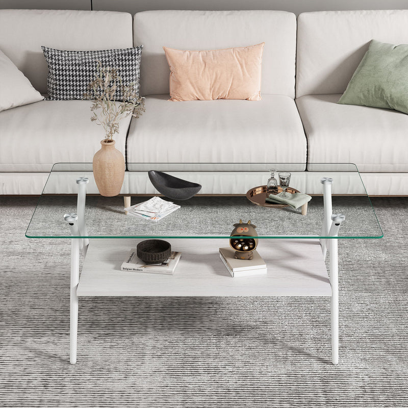 Rectangle Coffee Table With Tempered Glass Top And Shelf