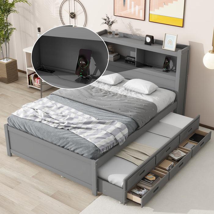 Full Size Platform Bed With Trundle, Drawers, USB Ports And Built In Shelves - Gray
