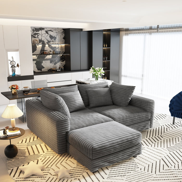Plush Corduroy 4 Seat Sofa With Soft Pillows And Movable Ottoman