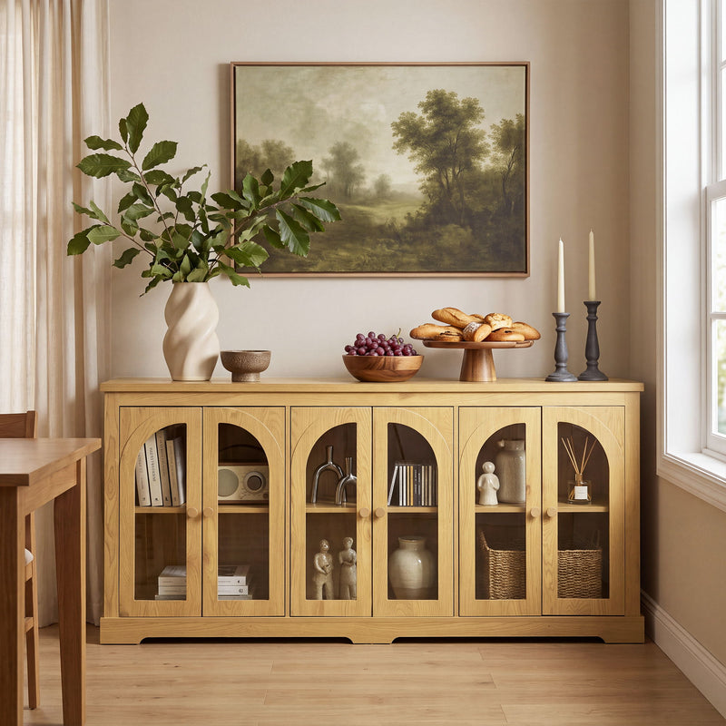 Modern Arched Glass Sideboard With 6 Doors, Buffet Cabinet With Storage And Adjustable Shelves