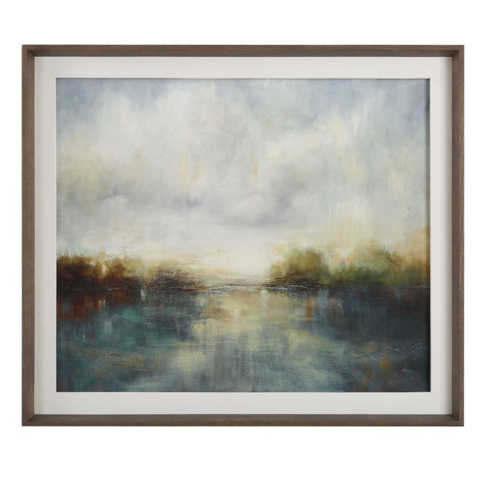Blue Reverie - Framed Abstract Lake Print - Light Brown