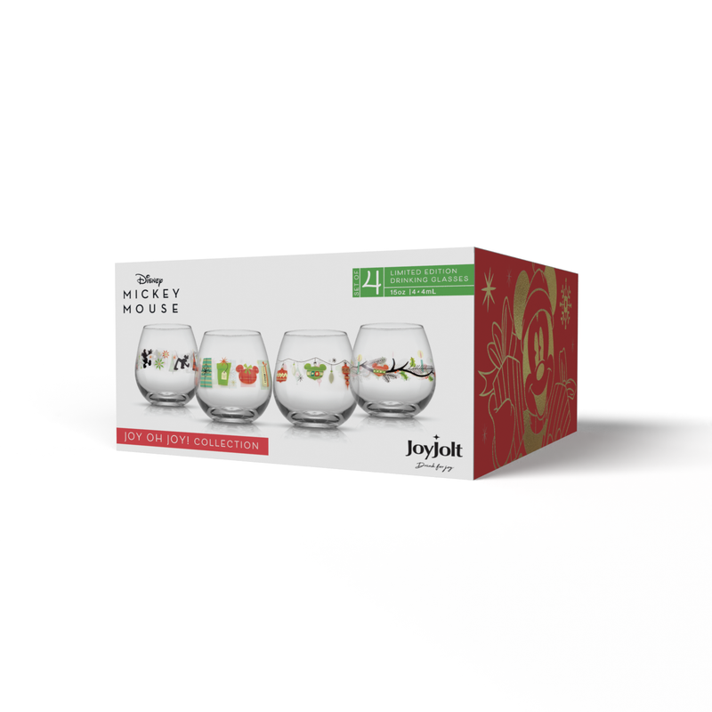 Disney Mickey Mouse Christmas Joy Oh Joy Stemless Wine Glasses | 15 oz | Set of 4