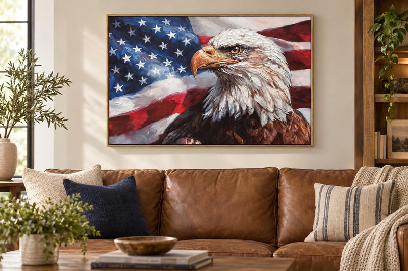 Liberty'S Steady Gaze - 48 X 32 - Hand-Embellished Canvas In Frame - Red, White, Blue, Brown