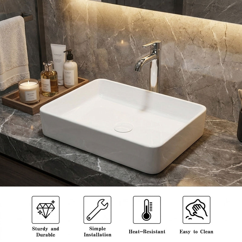 White Rectangular Ceramic Vessel Sink, Sleek Glazed Art Bathroom Sink Bowl, Countertop Vanity Basin