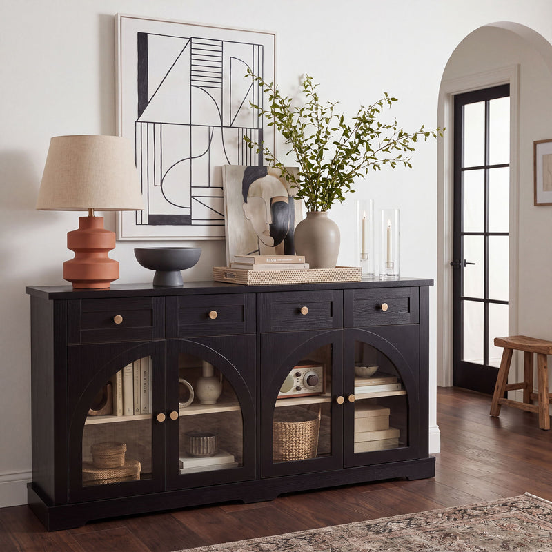 Sideboard Cabinet With 4 Drawers And 4 Arched Glass Doors