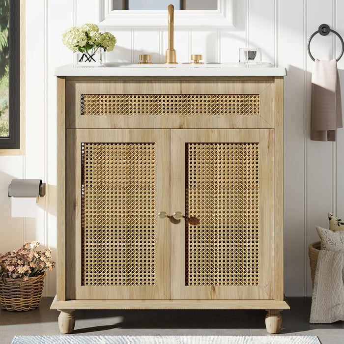 Bathroom Vanity With Handwoven Rattan Doors, Resin Basin - Natural Wood