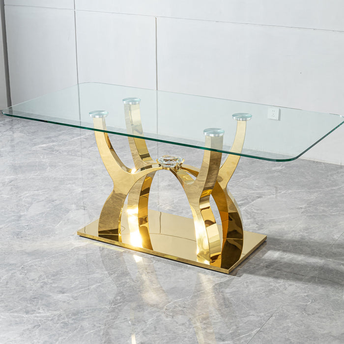 Tempered Clear Glass Rectangular Dining Table With Stainless Steel Base - Gold
