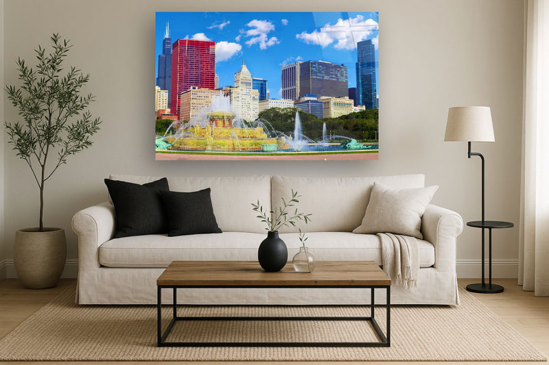 Tempered Glass With Foil - Chicago Skyline - Light Blue