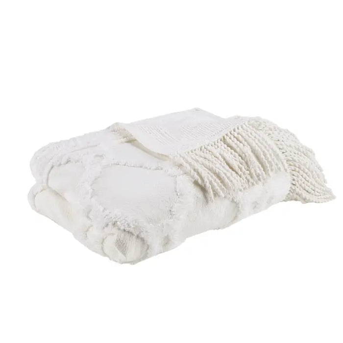 Fringed Tufted Throw Blanket | Moroccan Geometric | White